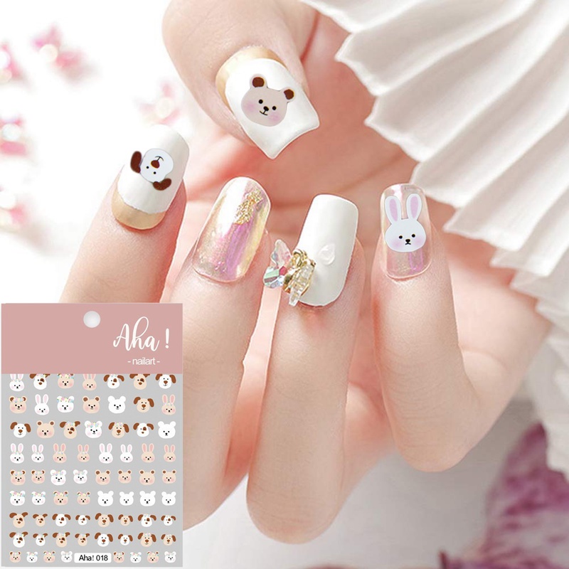 1 Lembar Stiker Kuku Motif Kartun Beruang / Kelinci Transfer Air Untuk Dekorasi Nail Art / Manicure DIY