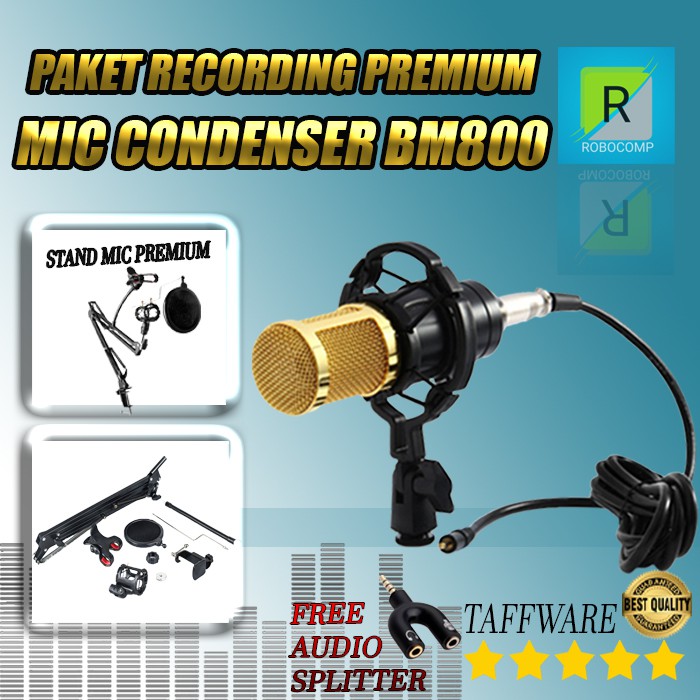 PAKET MICROPHONE BM800+STAND MIC PREMIUM+POP FILTER+SMARTPHONE+PLUS AUDIO SPLITTER