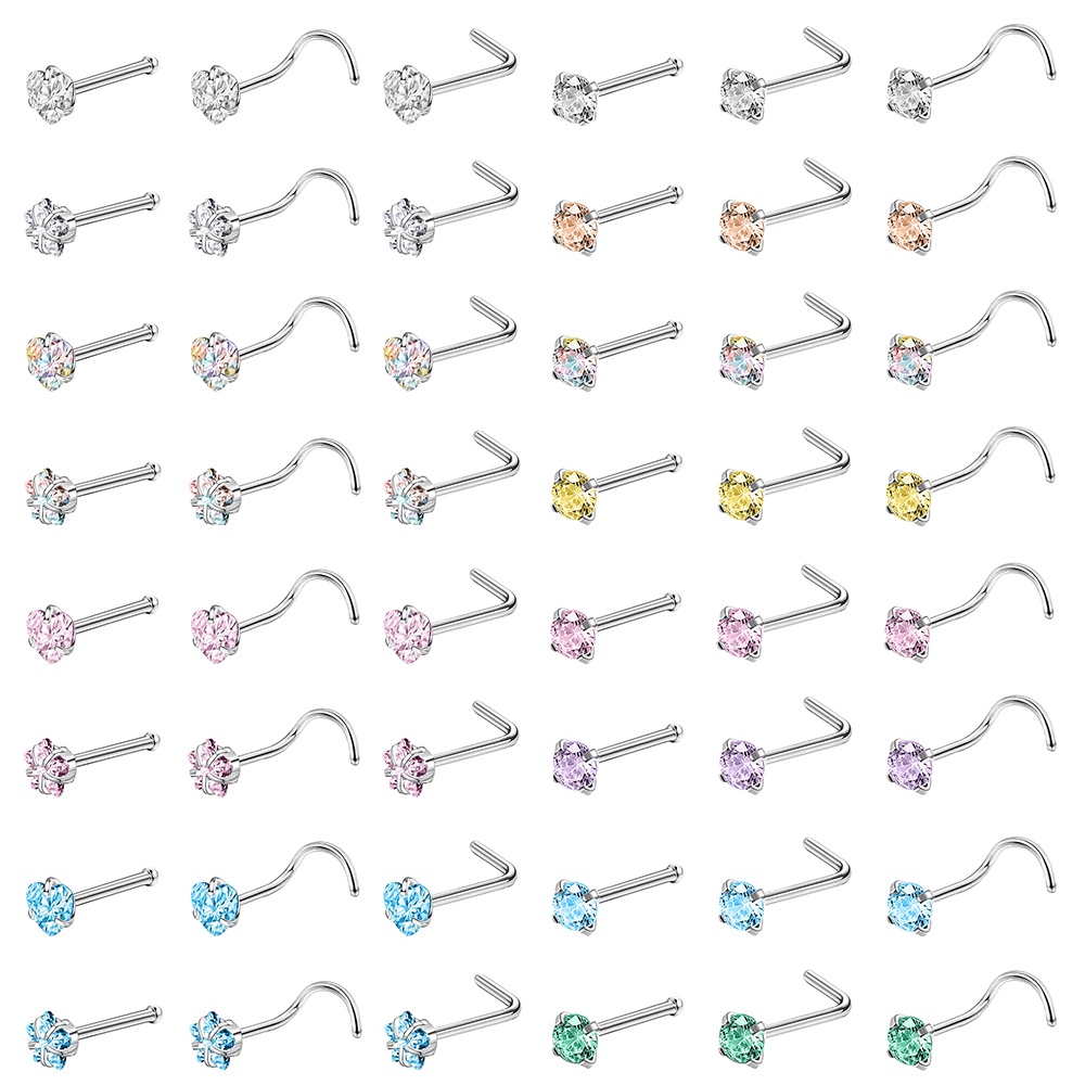 3-12Pcs/lot Color Crystal Nose Piercing Set 20G Stainless Steel Nose Studs 3mm L Shape S Shape Nostril Piercing Jewelry