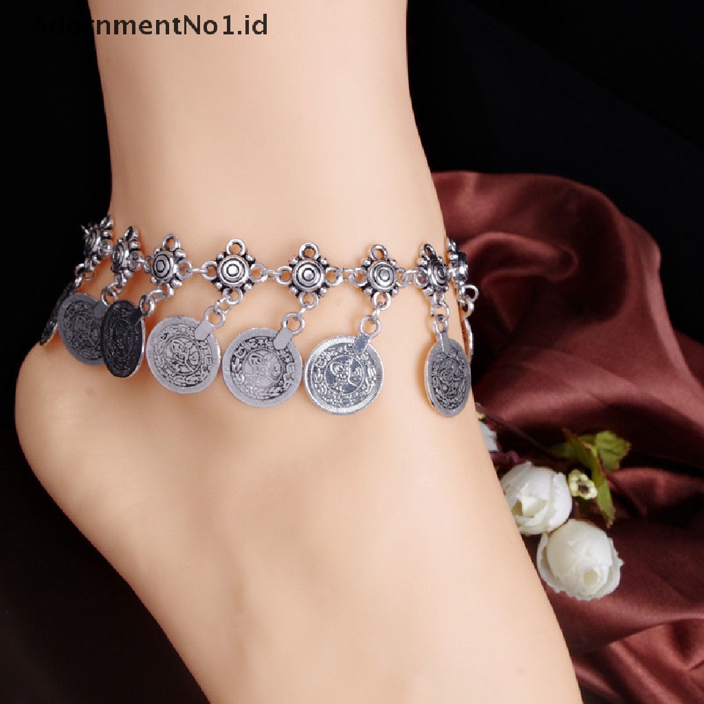 (AdornmentNo1) Gelang Kaki Rantai Silver Antik Gaya Boho Gypsy Aksen Koin Untuk Perhiasan Wanita