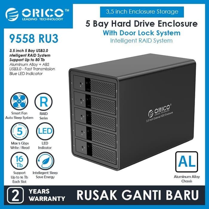 Hdd enclosure Orico 5 bay 3.5 sata Usb 3.0 raid 9558ru3 - Casing hard disk drive external chia mining