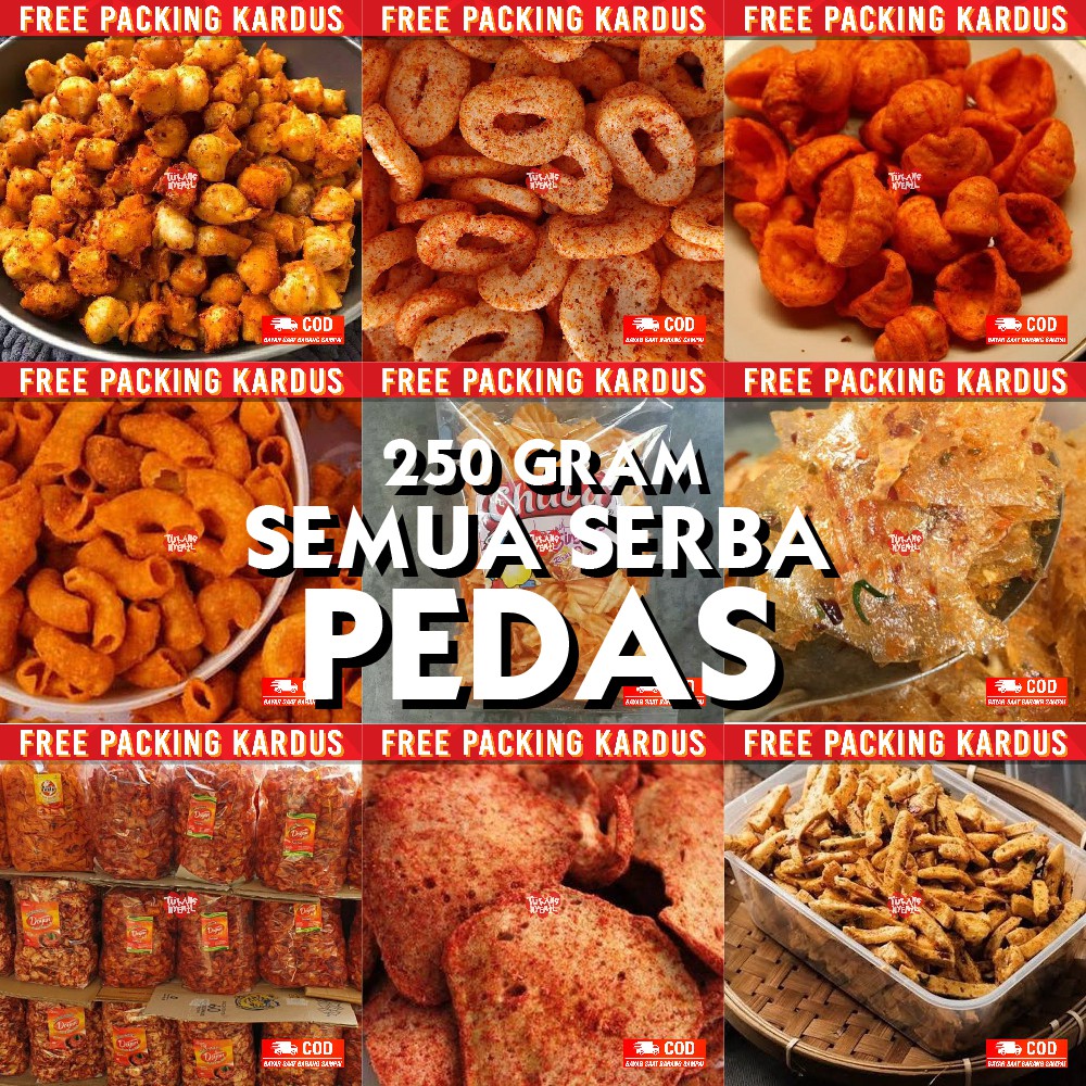 Jual snack kiloan serba pedas 250 gram makanan ringan cemilan camilan