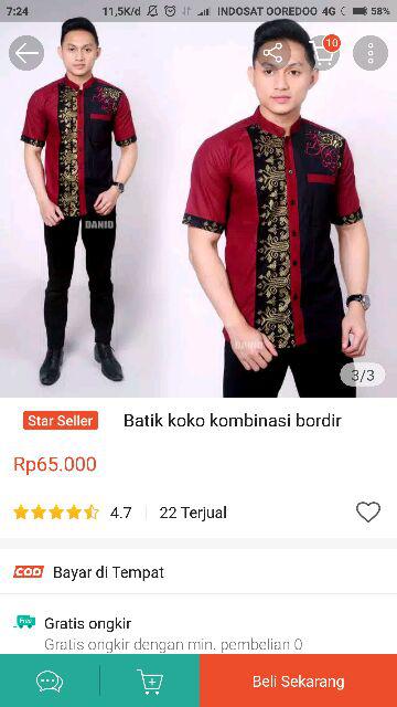 Baju Batik Koko Kombinasi Bordir Reguler M L Xl Original