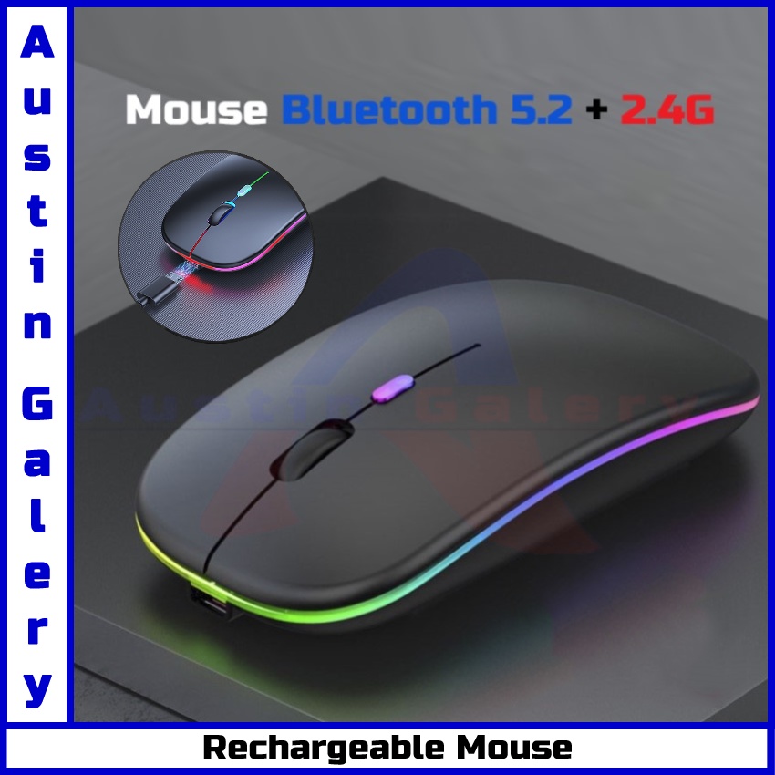 Mouse Bluetooth 5.2 Silent LED Light 1600DPI Dual MODE Mouse Rechargeable Ergonomic Design