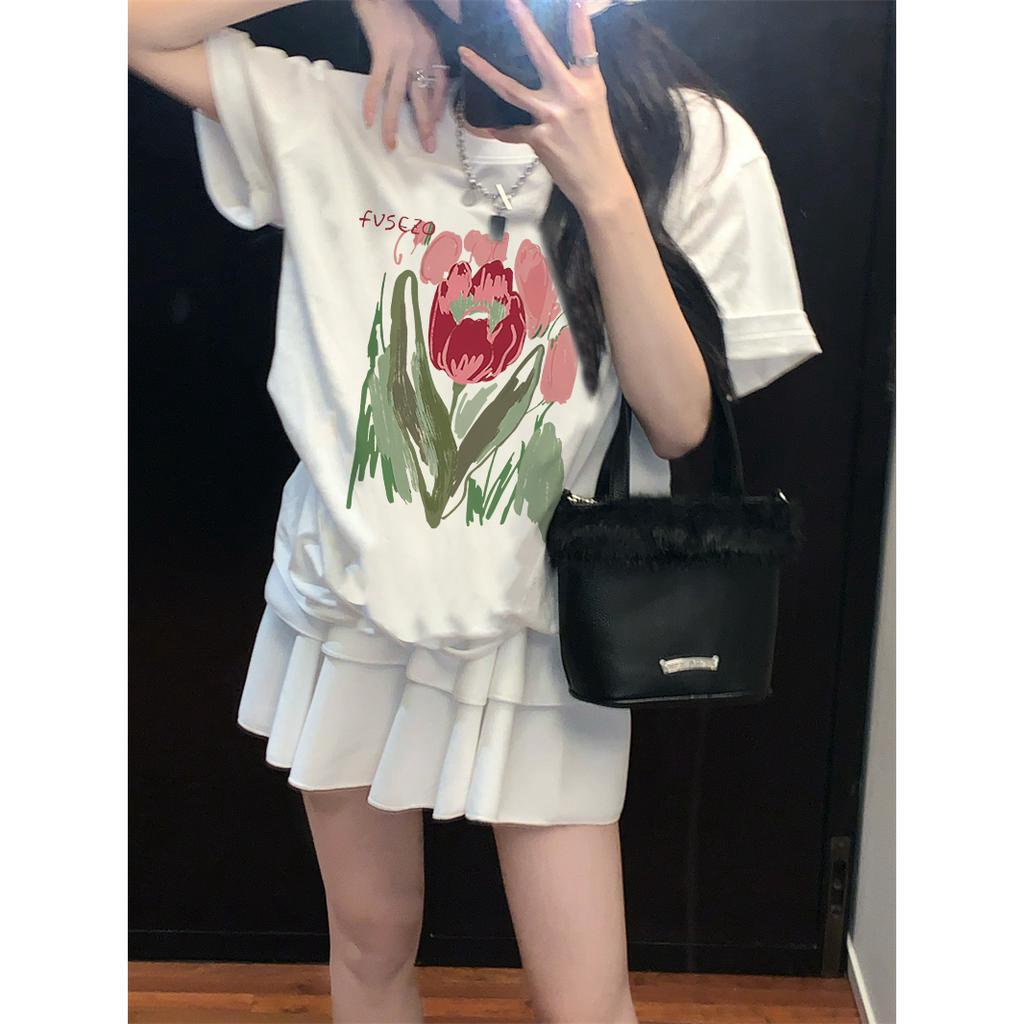 EUNII T-shirt Lengan Pendek Cartoon Oil Painting Flowers Korean Style/Kaos Atasan Wanita/Baju Kaus Oversize Wanita/Kaos Wanita