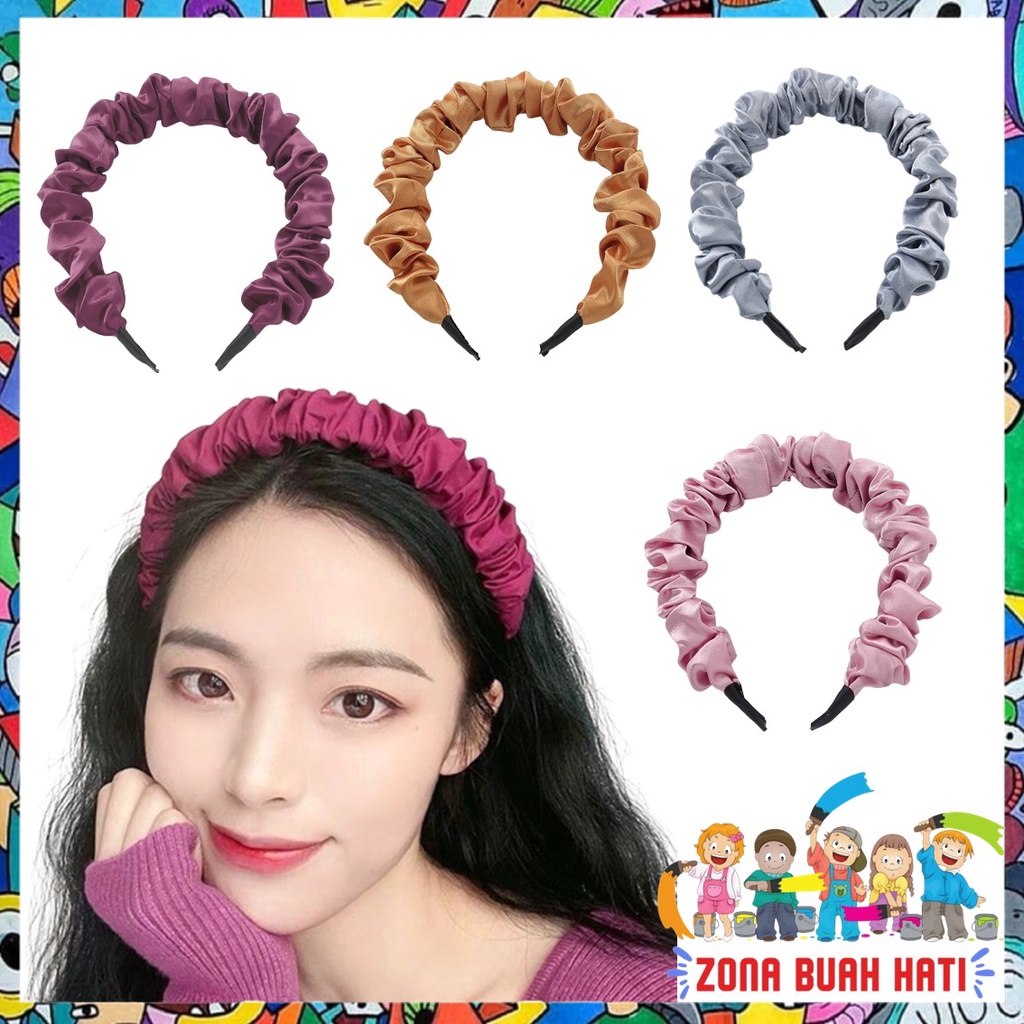 ZBH Bando Scrunchie Serut Satin Besar Korea Headband Ruffle Bandana Polos Wanita Bando Kain Scrunchie Fashion