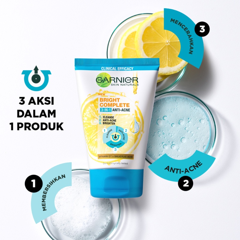 Garnier Bright Complete 3 in 1 Anti Acne Facial Wash | Clear Up Anti Acne Serum Mask | Masker Wajah (✔BPOM)