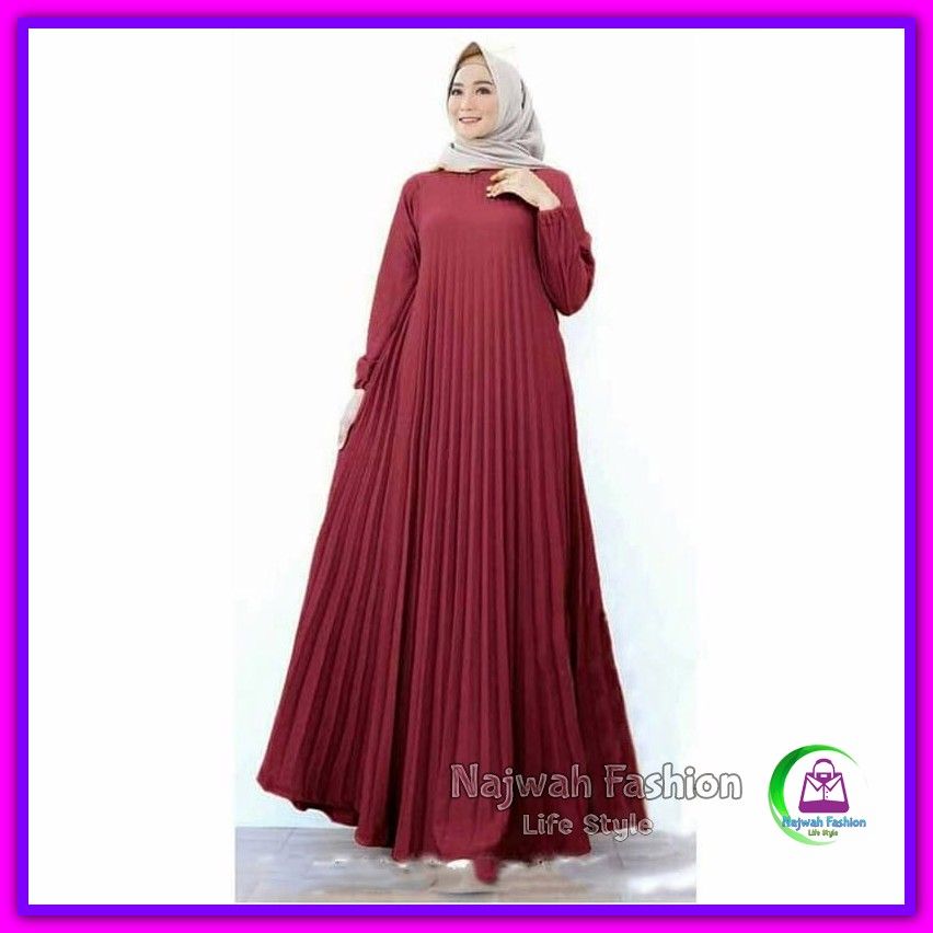 Jual Baju Long Dress Wanita Higet Super Plisket Premium Maxi Dress Gamis Syari Amanda Maroon Murah