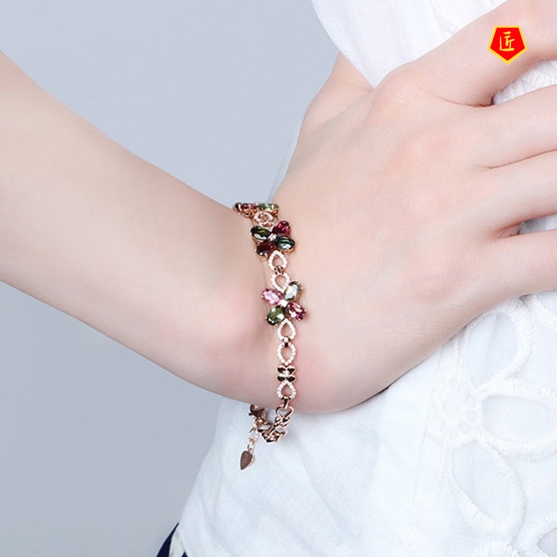 [Ready Stock]Fashionable Rose Gold Flower Colored Gems Bracelet