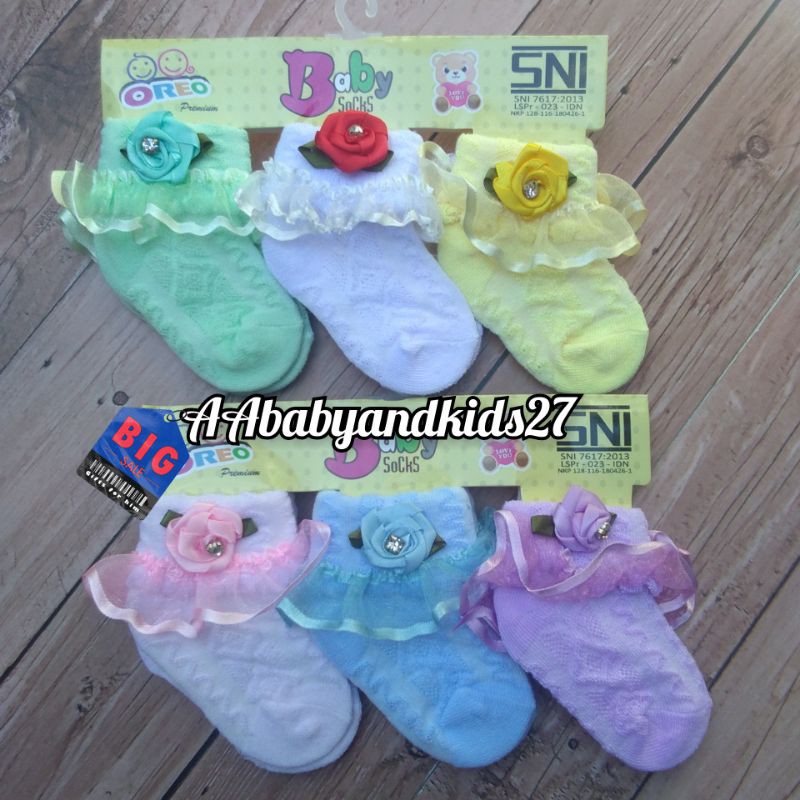 3 Pasang Kaos Kaki Bayi Cewek Renda Lucu-Kaos Kaki Bayi Oreo Renda