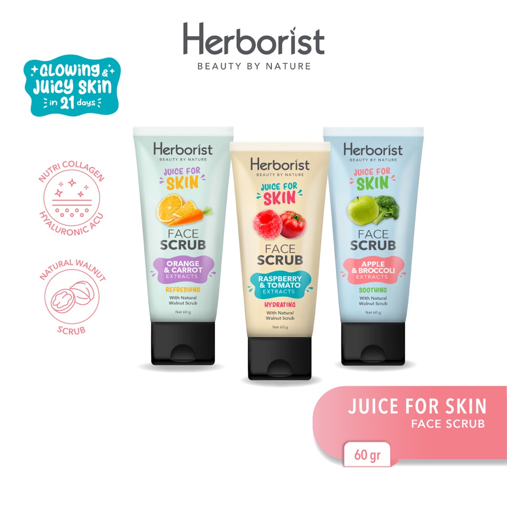 [FACE SCRUB | SCRUB WAJAH] [60GR] [BPOM] Herborist Juice For Skin Face Scrub - 60gr | Orange Carrot | Apple Brocolli | Raspberry Tomato_Cerianti