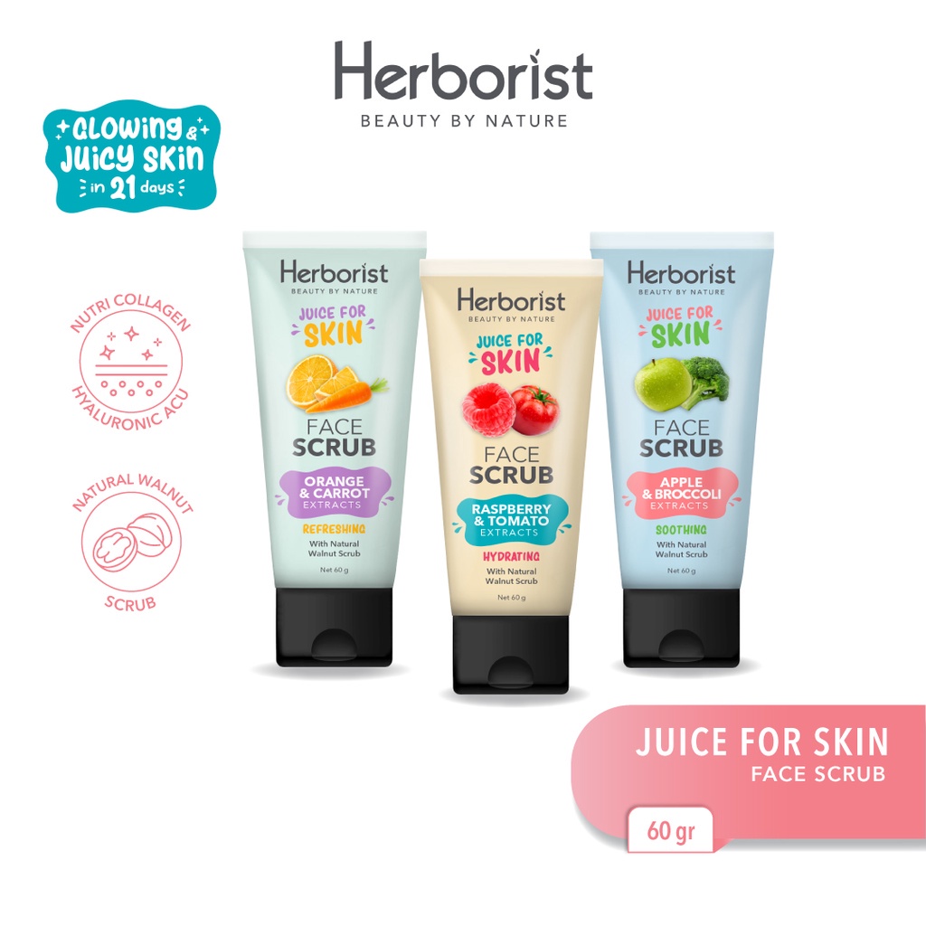 [FACE SCRUB | SCRUB WAJAH] [60GR] [BPOM] Herborist Juice For Skin Face Scrub - 60gr | Orange Carrot | Apple Brocolli | Raspberry Tomato_Cerianti