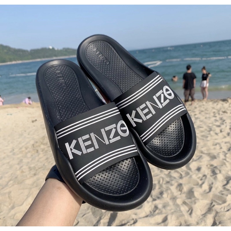 KENZ0 SLIDES SLIPPERS BLACK FONT WHITE