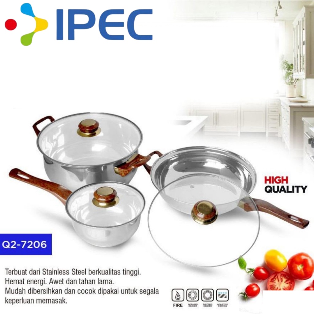 Panci Set Panci Wajan lengkap tutup kaca Serbaguna Stainless Steel 6 Set 7206