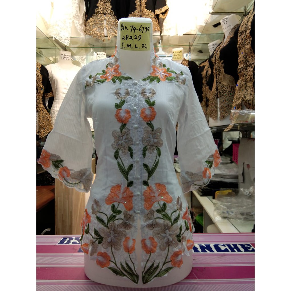 REAL PICT KEBAYA ENCIM PUTIH BORDIR WARNA / KEBAYA ENCIM PUTIH