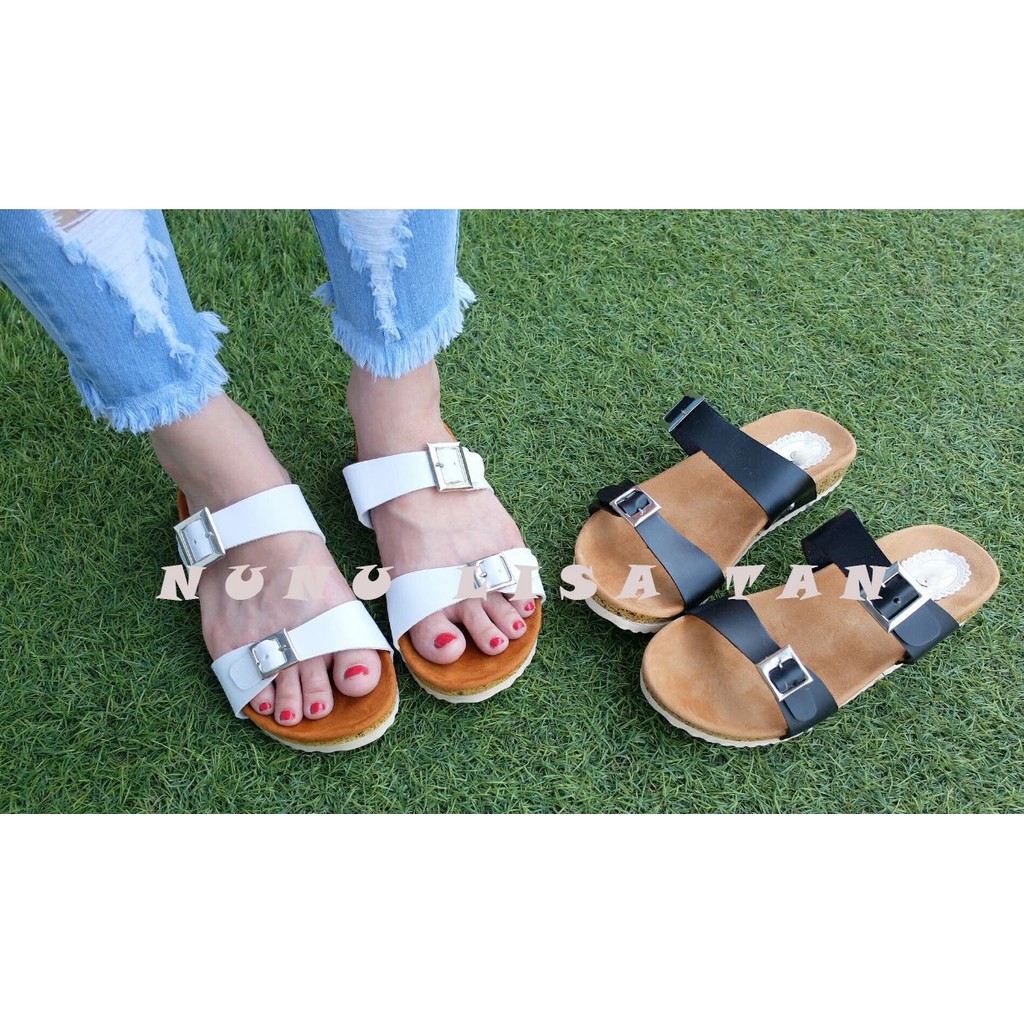 NunuLisaTan - Termurah 2 Warna SEndal Selop Flat WANITA BIRKEN KOKOP Sintetis Hitam Putih