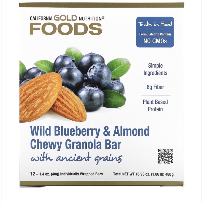 Wild Blueberry &amp; Almond Chewy Granola Bars 40 gram / California Gold Nutrition FOODS, Cranberry &amp; Almond Chewy Granola Bars 40 Gr