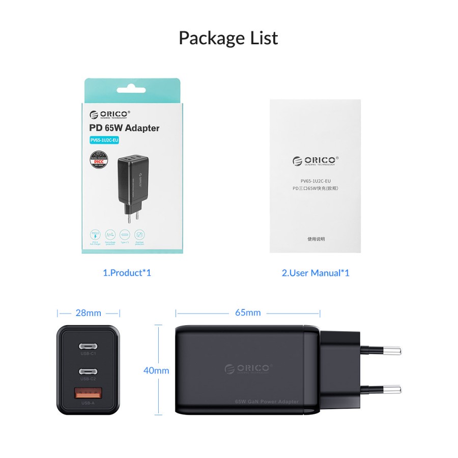ORICO PV65-1U2C 3 Port Charger 65W Type C Type A PD QC 3.0