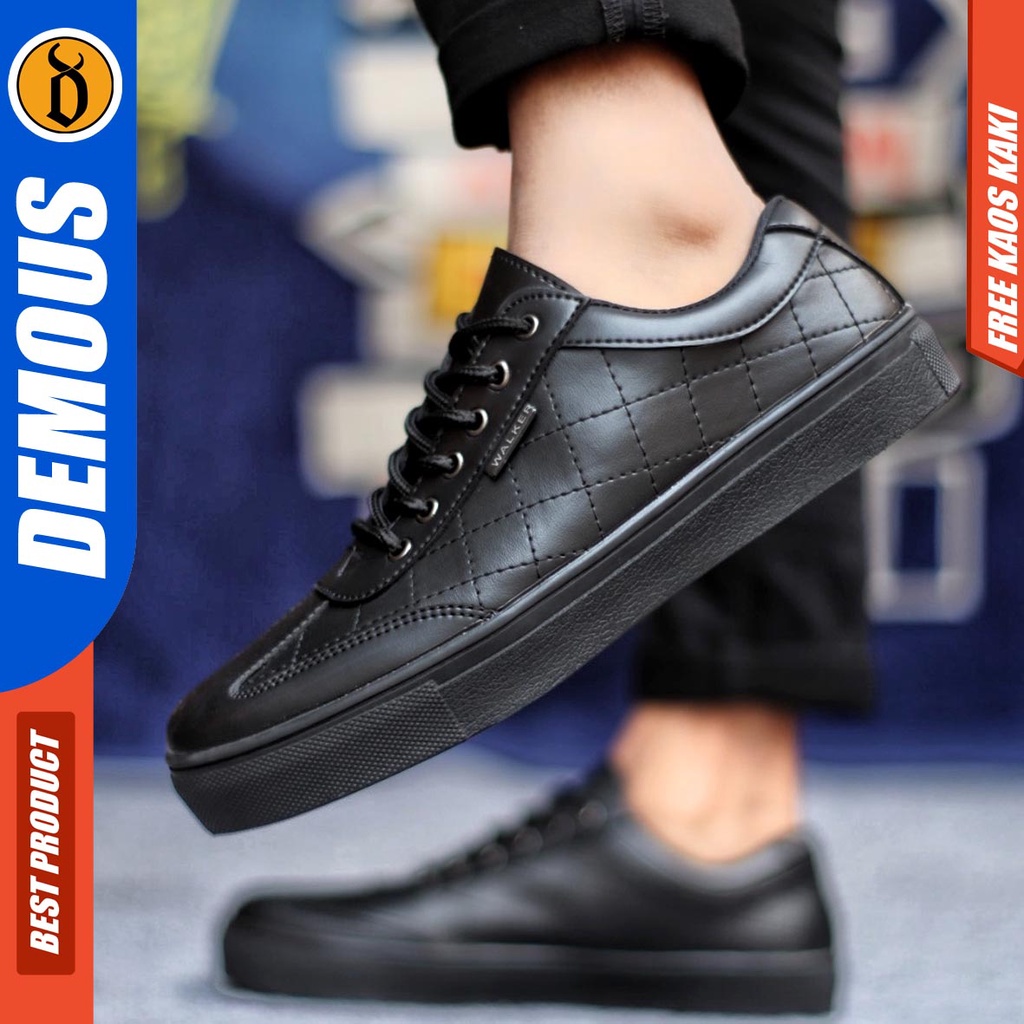 Sepatu Kasual Pria Sneakers Casual Kulit Pu Hitam Polos Kerja Demous Pedroo