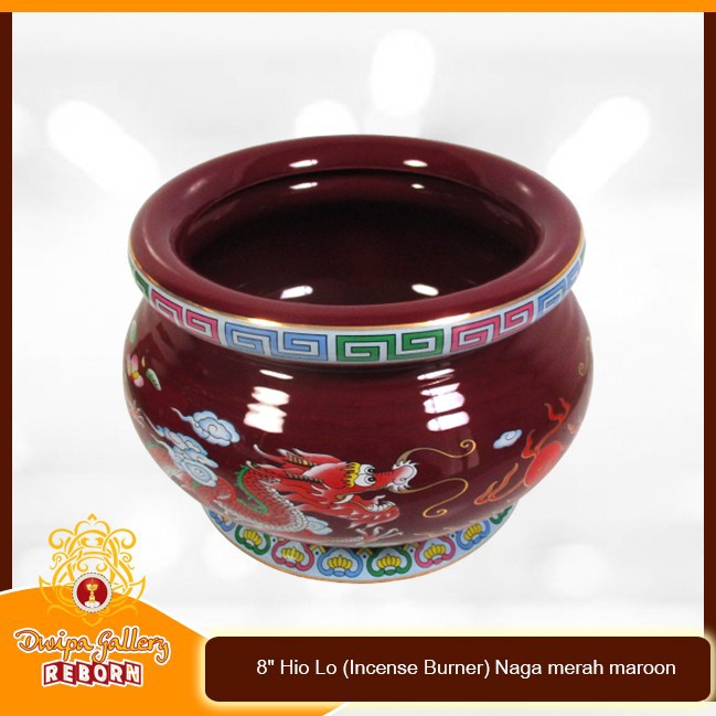 Tempat dupa Keramik 8&quot; Hio Lo (Incense Burner) Naga merah maroon