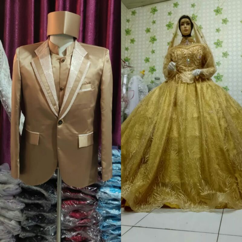 satu set gaun pengantin &amp;jas, komplit warna riques aja y kk