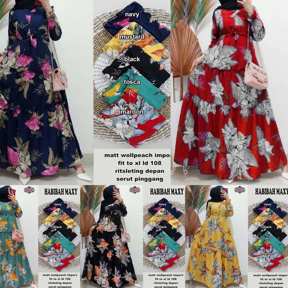〖DISCOUNT〗 Gamis Wanita Tebaru Motif Bunga Besar Habibah Maxy Bahan Kain Monalisa