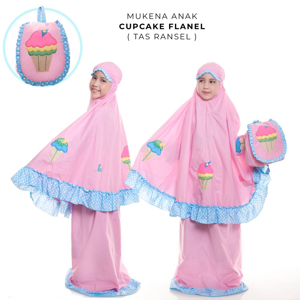 Mukena Anak Katun Flanel Dottie Cupcake Pink ( Tas Ransel )