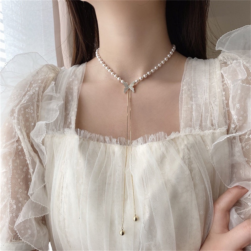 Kalung Rantai silver s925 adjustable Liontin Kupu-Kupu Hias Mutiara Gaya Korea Untuk Wanita