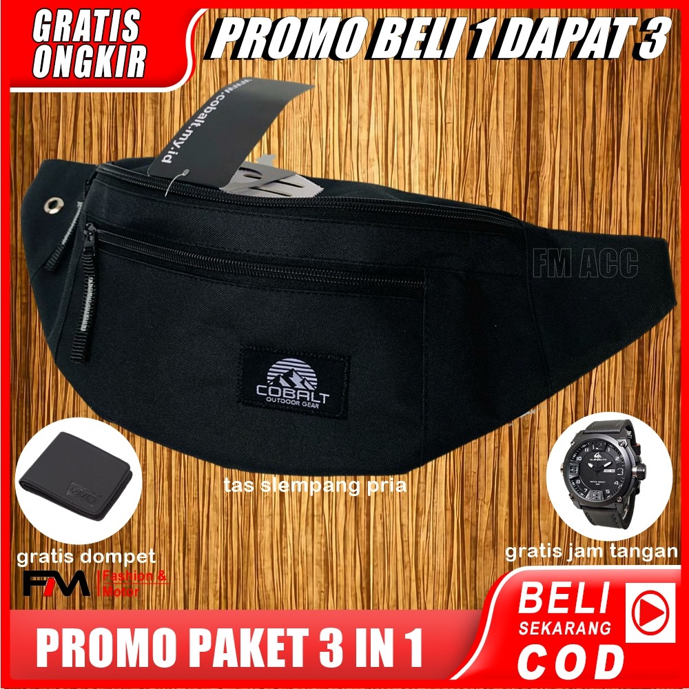 PAKET KEREN Tas Selempang Pria + Jam Tangan + Dompet Keren TerMurah &amp; TerBaru 2020-HITAM