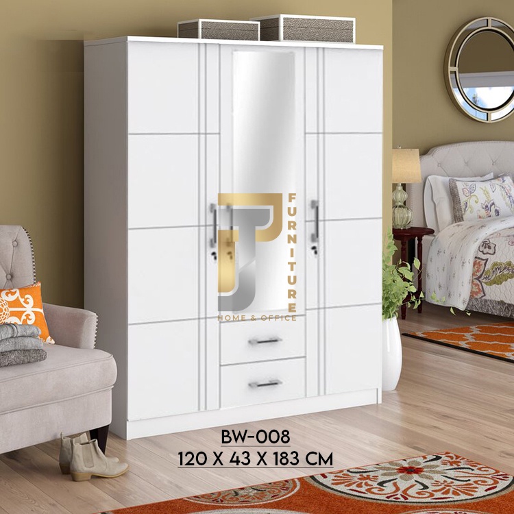 Lemari Pakaian 3 Pintu Cermin / Lemari Pakaian Minimalist / Lemari Baju Full White /Lemari LP BW 008