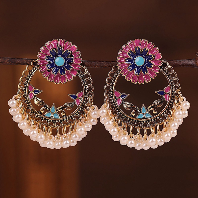 Anting Tusuk Gantung Wanita Desain Bunga Aster Enamel + Mutiara Gaya Indian / Bohemian Handmade Untuk Pesta