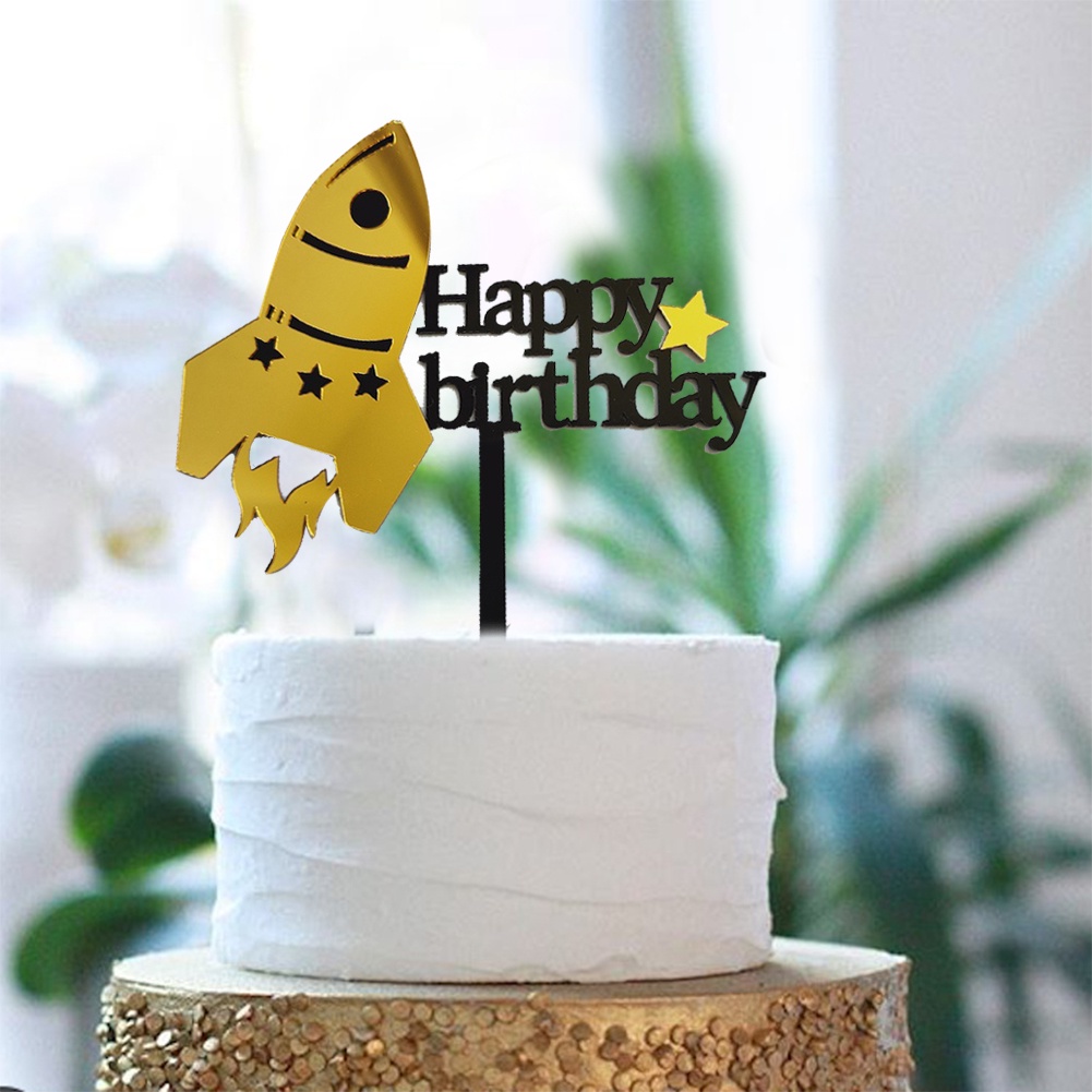 【TK】Creative Acrylic Rocket Cake Topper Diy Happy Birthday Cake Toppers Dessert Decoration For Kids Birthday Party