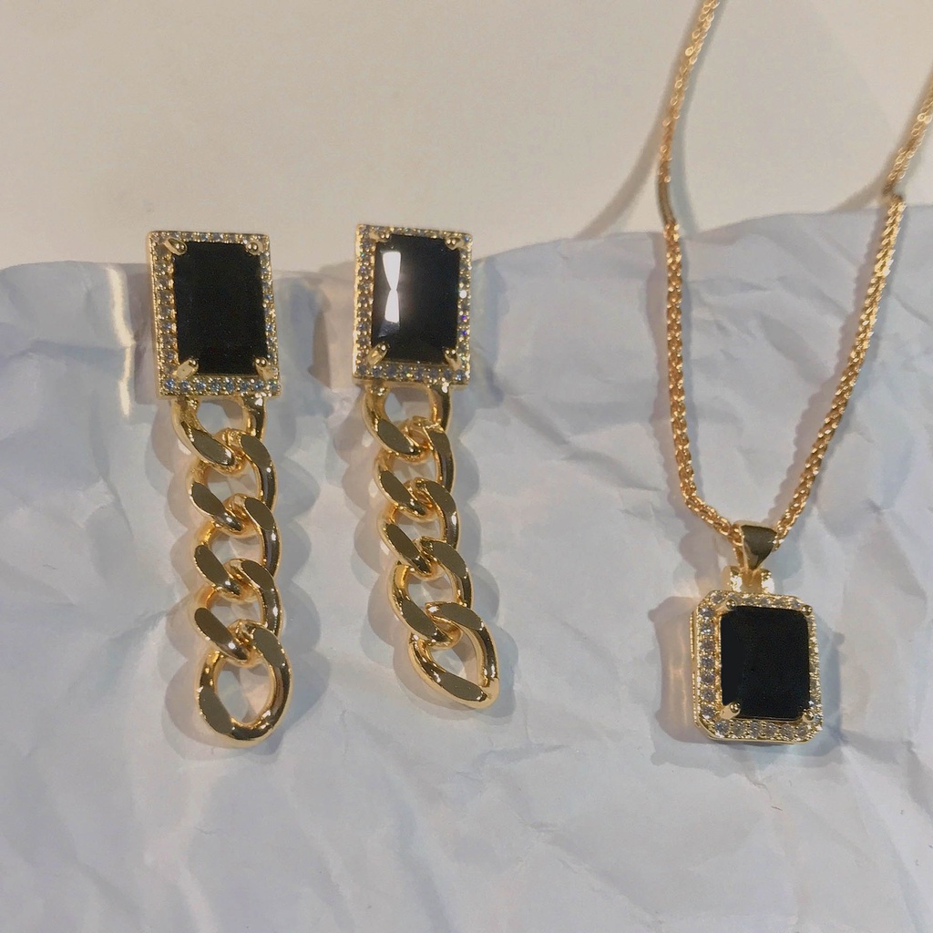 Set Kalung Rantai Kuba Bahan Stainless Steel Warna Hitam Untuk Wanita