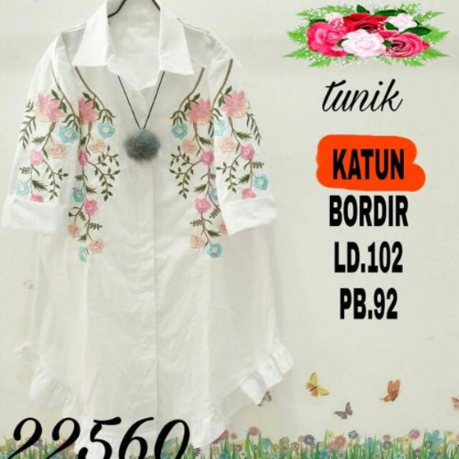 Tunik Kemeja Bordir Bunga Sakura Pink - Putih