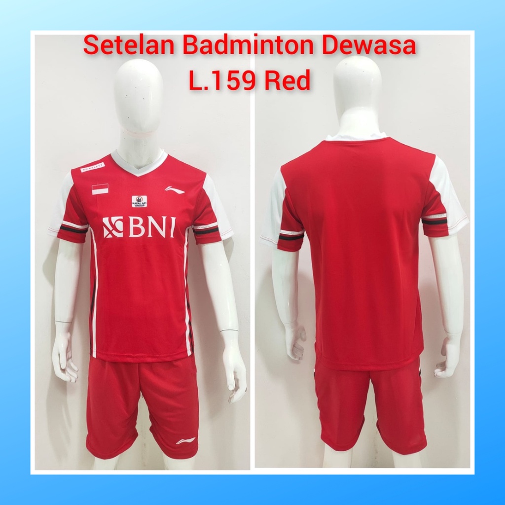 Kaos bulutangkis pria baju badminton dan celana jersey setelan wanita dewasa t-shirt outfit seragam jarsey kostum olahraga pakaian apparel sport jersy bulu tangkis casual jersi sudirman thomas uber cup print suit L159 merah sponsor