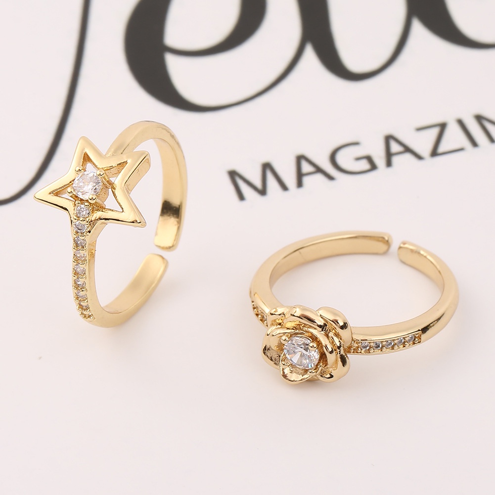 Cincin Eropa dan Amerika baru aksesoris tembaga zircon 18K emas lima menunjuk bintang bunga rhinesto