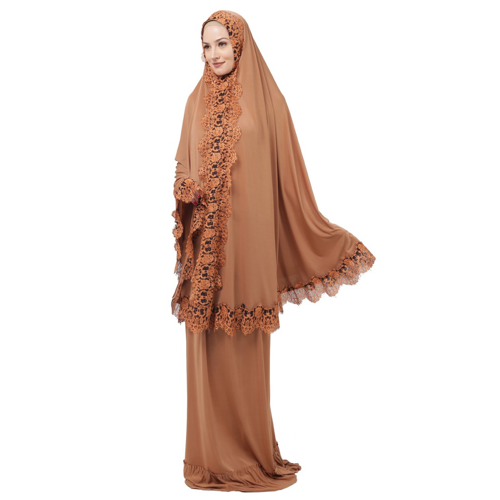 Mukena Renda Java Seven Bahan Spandex Warna Mocca Elastis Lembut