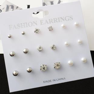 Anting Set Stud Tindik CLASSIC B90 9 Pasang Mutiara Diamond Korea Fashion Plug Earring Set