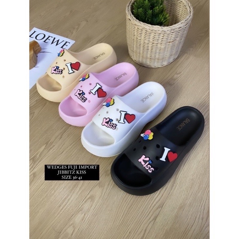 SANDAL WEDGES JELLY SLOP IMPORT WANITA TEBAL KOREAN STYLE FUJIAN KISS  EVA RUBBER