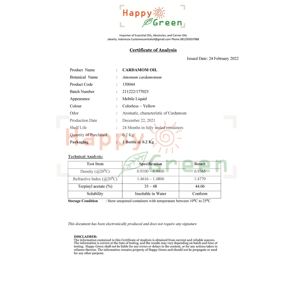 BPOM Approved Happy Green Cardamom Essential Oil (Minyak Atsiri Kapulaga) - 100% Pure &amp; Natural