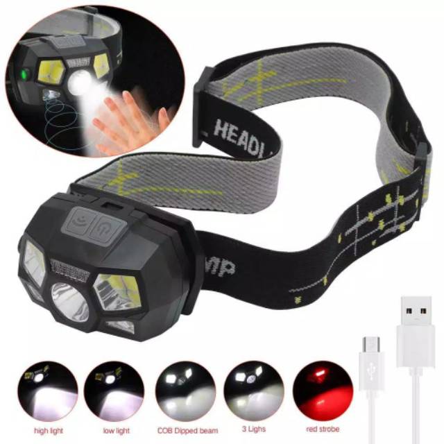 HEADLAMP WATERPROOF USB CHARGING TAFFLED 7RFLOMBOK SENSOR SENTER KEPALA LED HIKING CAMPING