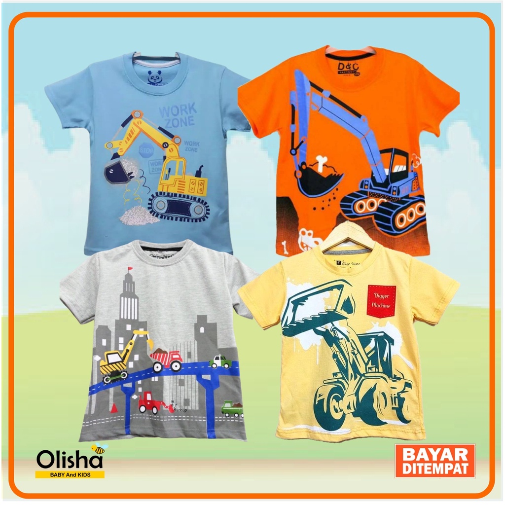 Kaos Anak Laki laki motif Excavator Warna Kuning Kaos Karakter Anak Laki laki