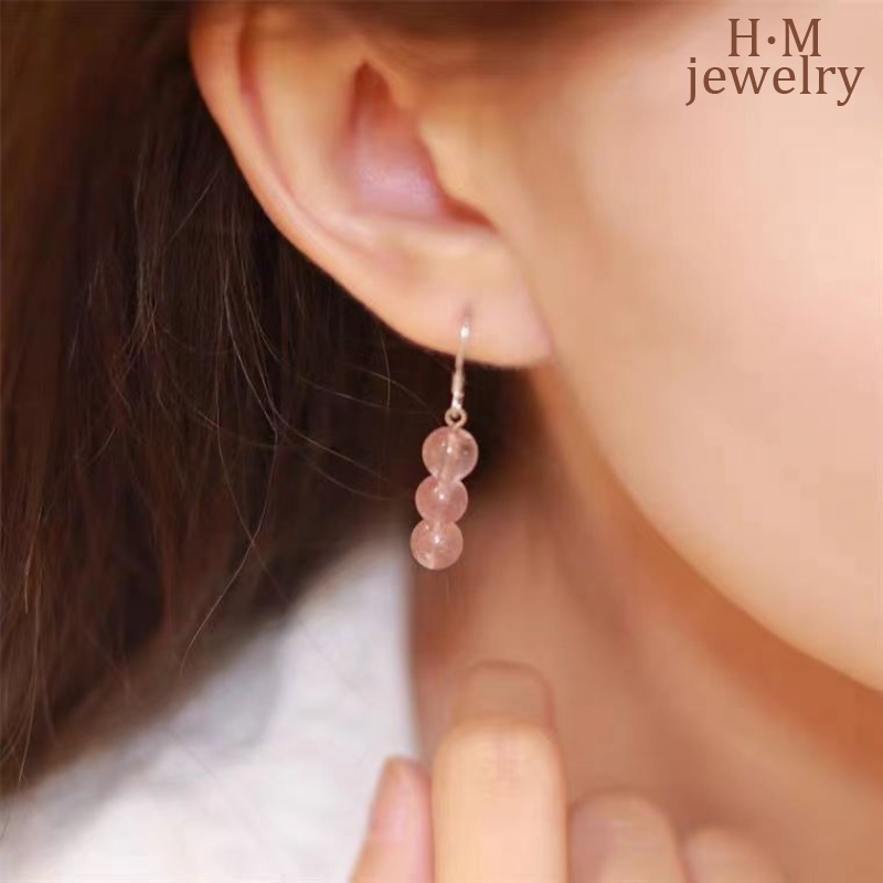 Anting Tusuk Gantung Desain Strawberry Quartz Pink Gaya Simple Menarik Untuk Pria