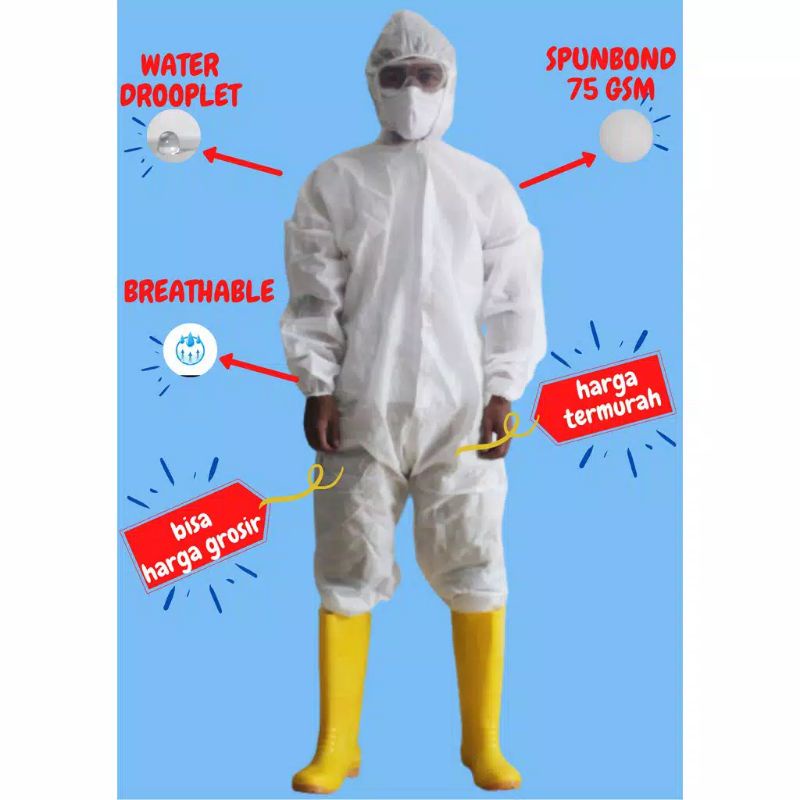 APD MEDIS HAZMAT COVERALL DISPOSABLE  BOHO SHOE COVER SPUNBOND 75GSM PAKAIAN MEDIS COVID CORONA