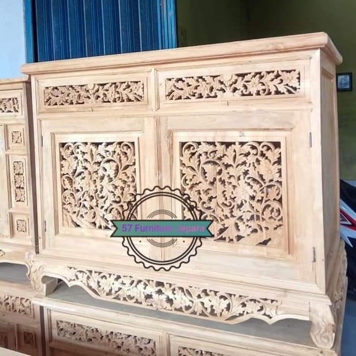 Meja Tv kecil kayu jati mentahan bufet/ lemari hias ukir Jepara