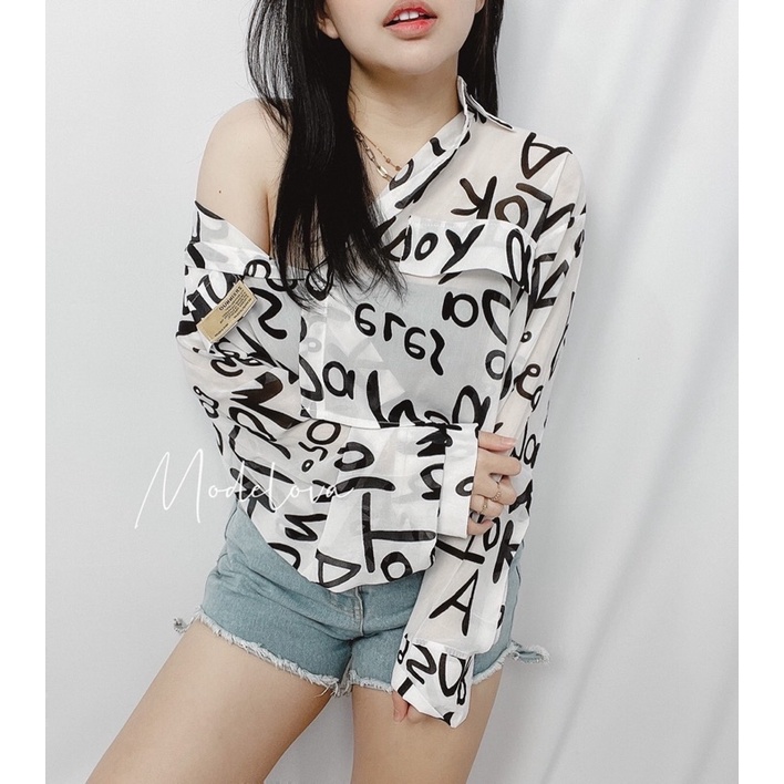 MDLV ~ 22662# Lennox Crop Shirt kemeja Chiffon Alfabet Kemeja Crop Lengan Panjang Kemeja Korea Fashion Import