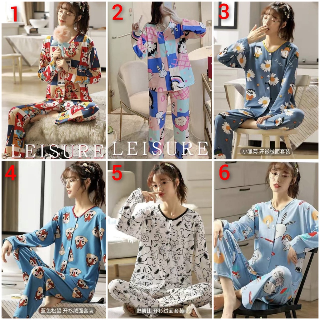 Baju tidur piyama lengan panjang celana panjang bahan spandek import PPspandek65