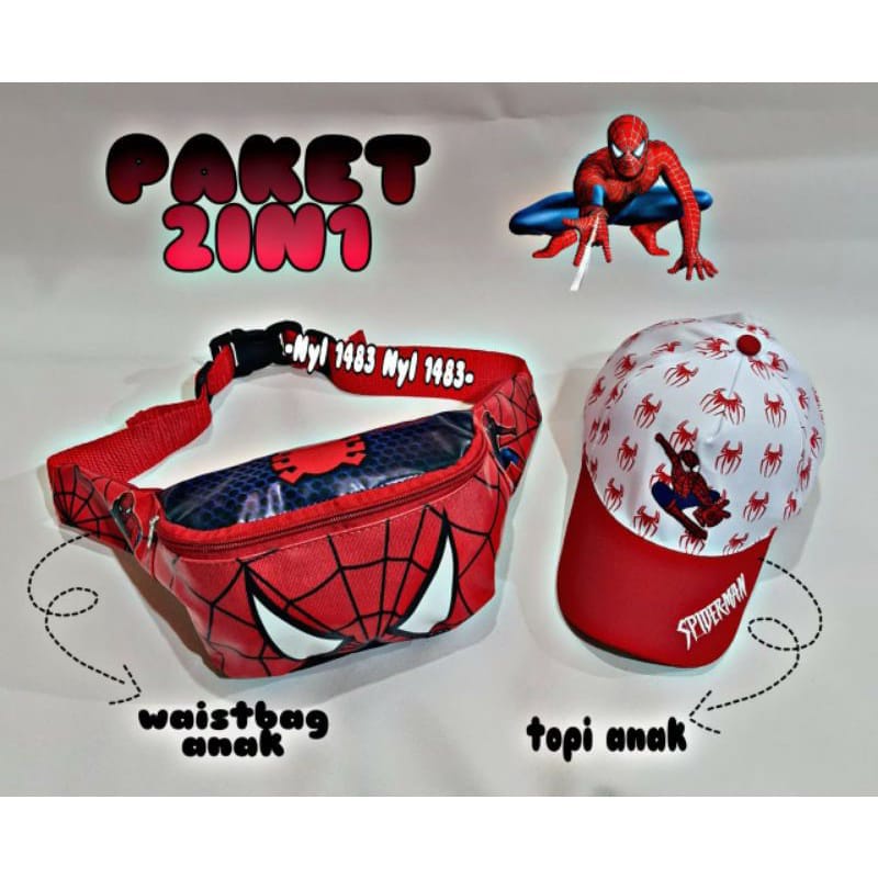 PAKET 2 IN 1 WAISTBAG + TOPI SPIDERMAN | WAISTBAG MARVEL ANAK
