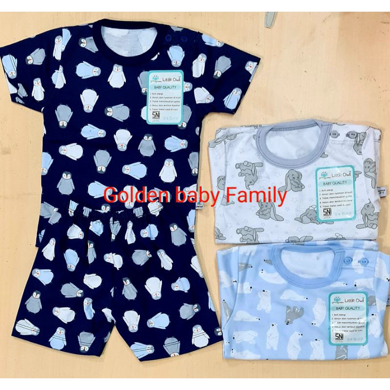 3 Pcs LITTLE OWL Setelan Pendek Kancing Bahu Boy/Girl Size S-XXL