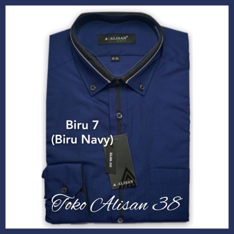 Kemeja Alisan Slim Fit Lengan Panjang List Tengah Warna Biru Navy ( Biru 7)